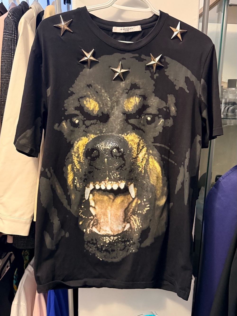 Givenchy Black Graphic Rottweiler Studded Tee with Yellow Accents